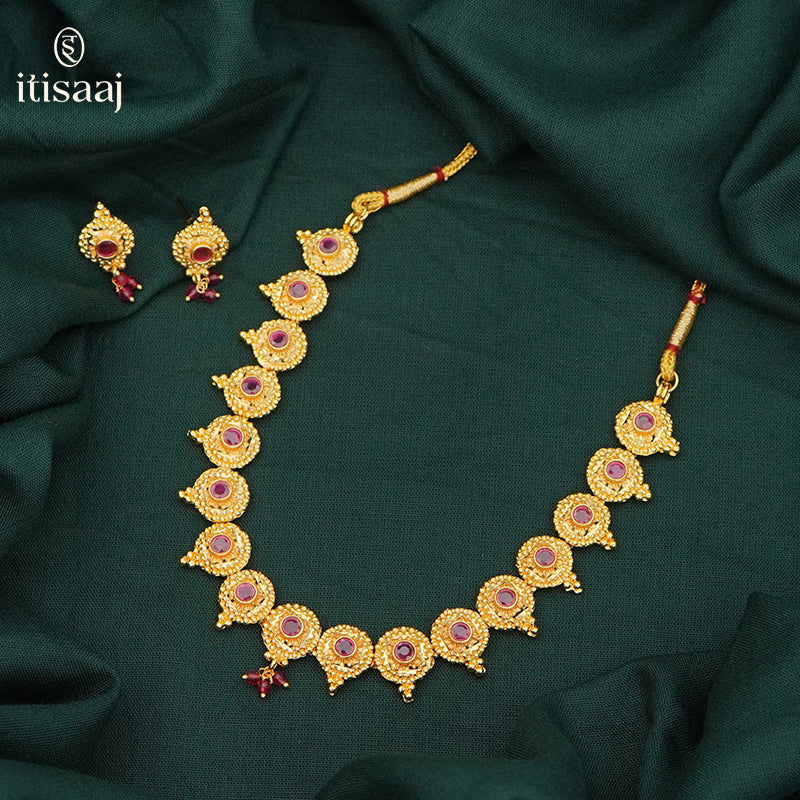 Traditional Micro Gold Plated Necklace Set with Matching Earrings - 619