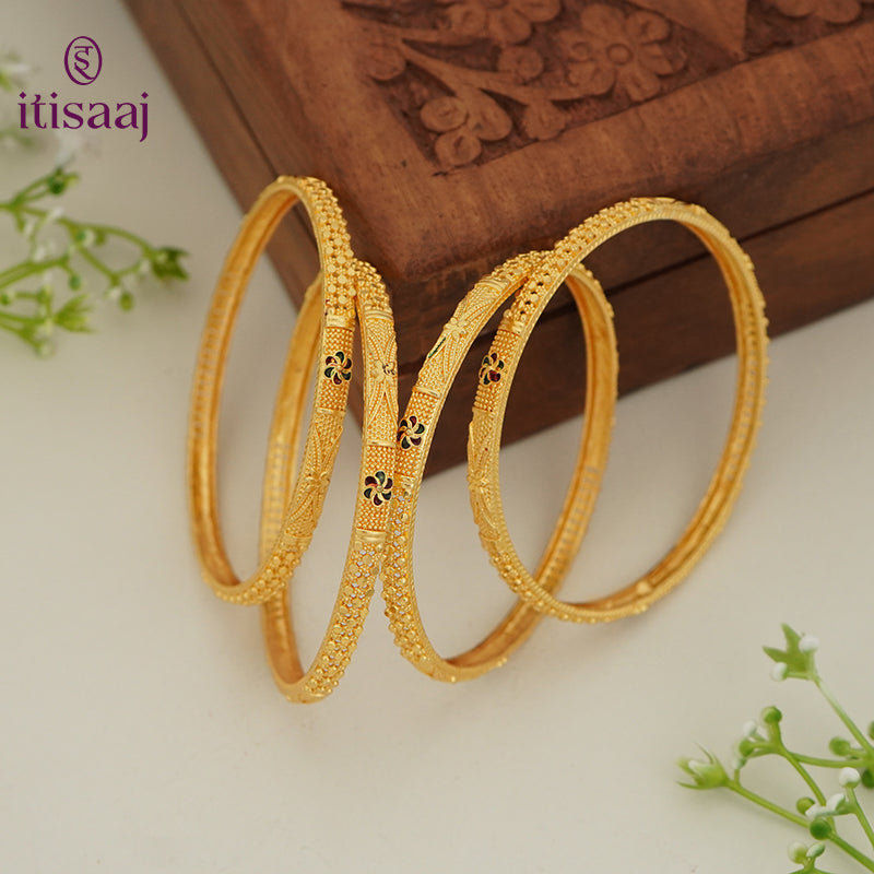 Traditional Micro Gold Plated Textured Designer Bangles | Ethnic Bangles (Set of 2 pair - 4 Pc) - 5799-801
