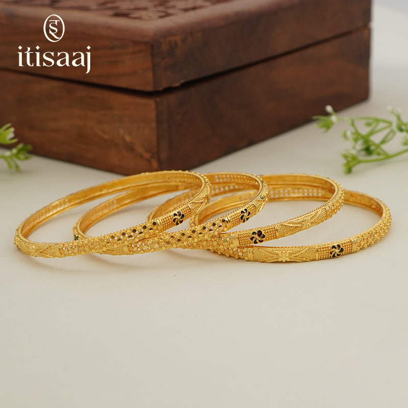 Traditional Micro Gold Plated Textured Designer Bangles | Ethnic Bangles (Set of 2 pair - 4 Pc) - 5799-801
