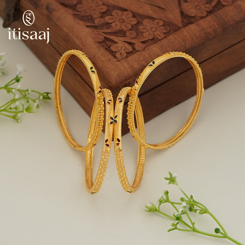 Traditional Micro Gold Plated Textured Designer Bangles | Ethnic Bangles (Set of 2 pair - 4 Pc) - 5802-04