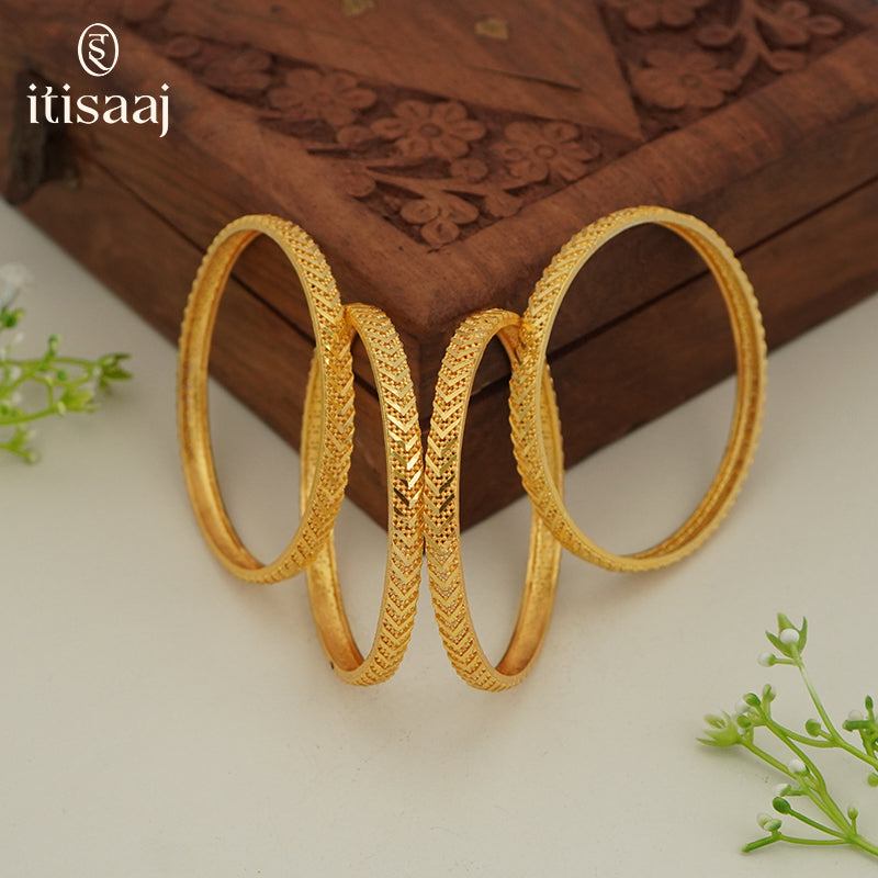 Traditional Micro Gold Plated Textured Designer Bangles | Ethnic Bangles (Set of 2 pair - 4 Pc) - 5805-07