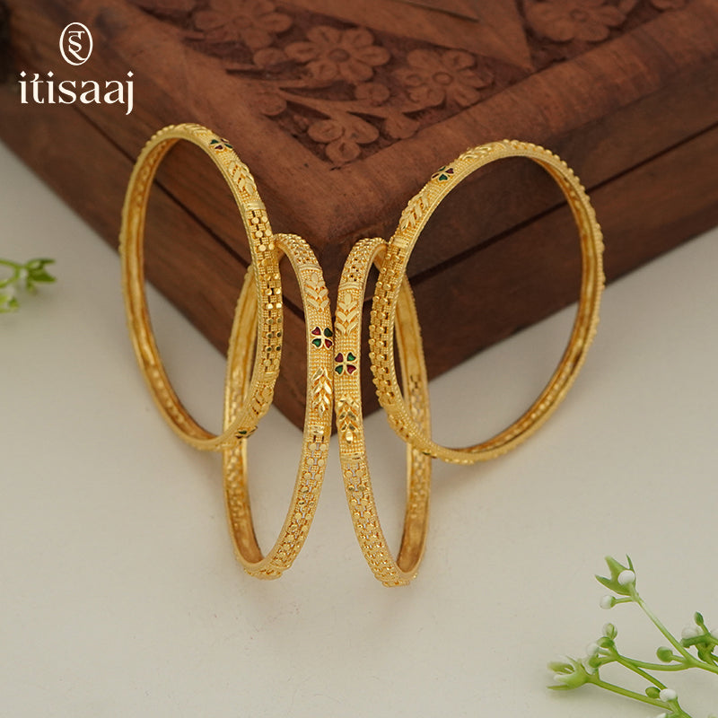 Traditional Micro Gold Plated Textured Designer Bangles | Ethnic Bangles (Set of 2 pair - 4 Pc) - 5811-13