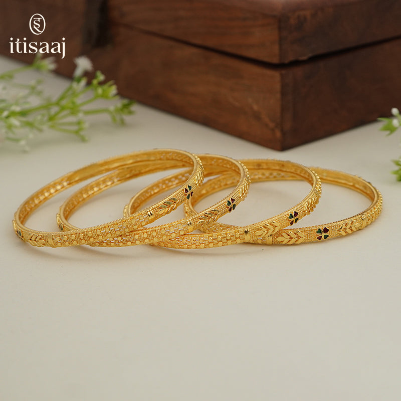 Traditional Micro Gold Plated Textured Designer Bangles | Ethnic Bangles (Set of 2 pair - 4 Pc) - 5811-13