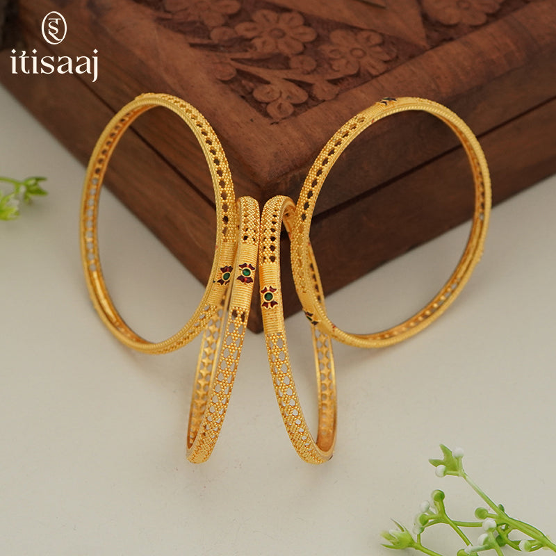 Traditional Micro Gold Plated Textured Designer Bangles | Ethnic Bangles (Set of 2 pair - 4 Pc) - 5814-16
