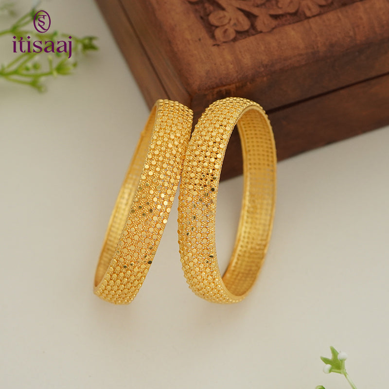 Traditional Micro Gold Plated Textured Designer Bangles | Ethnic Broad Kada Bangles - 5756-58