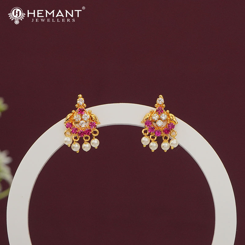 Traditional Ruby Stone and Pearl Drop Stud Earrings - 4991