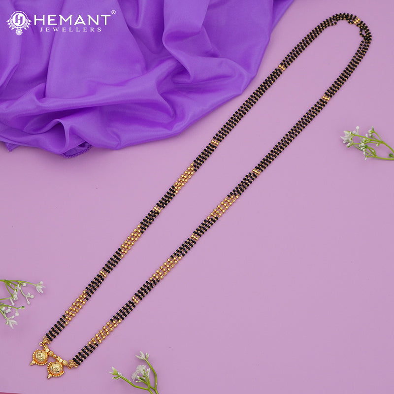 Traditional Three-Strand Black Bead Mangalsutra with Classic Dual Wati Pendants - 587