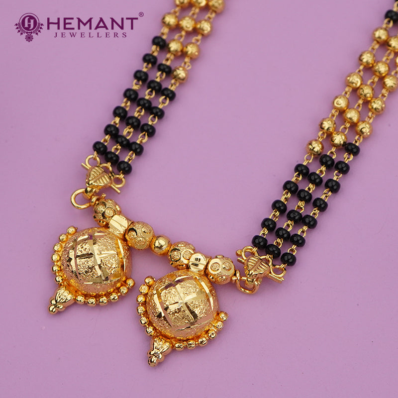 Traditional Three-Strand Black Bead Mangalsutra with Classic Dual Wati Pendants - 587