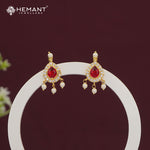 Vibrant Red Stone and CZ Dangler Earrings with Pearl Drops - 3848