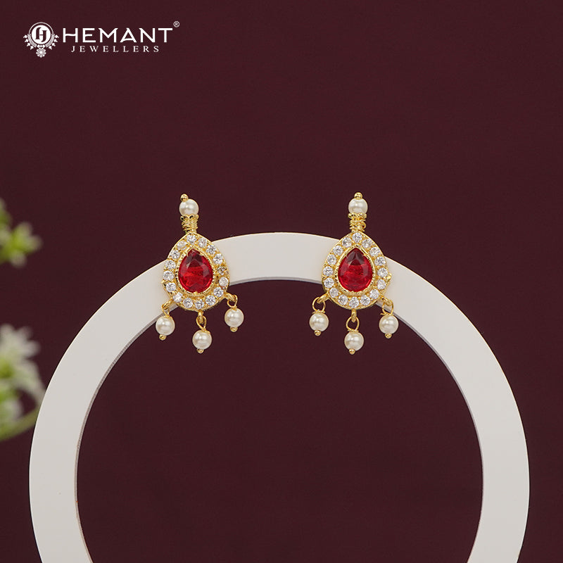 Vibrant Red Stone and CZ Dangler Earrings with Pearl Drops - 3848